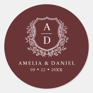 Bourgondische witte kam moderne monogram bruiloft ronde sticker