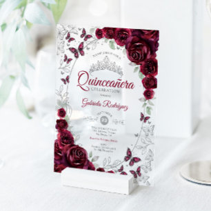 Bourgondische Zilveren Bloemige Quinceanera Acryl Uitnodigingen