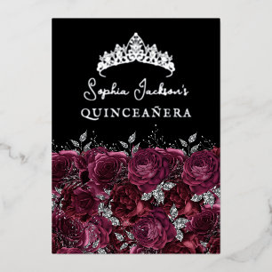 Bourgondische zilveren bloemrozen Quinceanera Folie Uitnodiging
