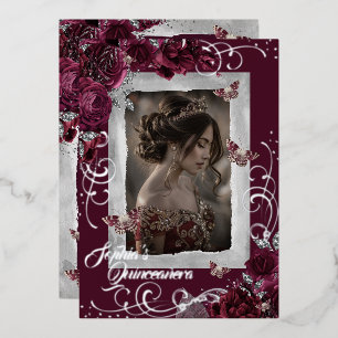 Bourgondische Zilveren Quinceanera Foto Vlinder Folie Uitnodiging