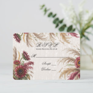 Bourgondische zonnebloem & Pampasgras bruiloft RSVP Kaartje