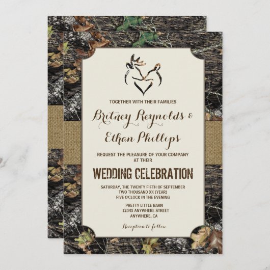 Bourlap + Chasse aux cerfs Invitations de mariage  (Devant / Derrière)