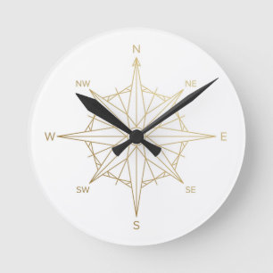 Boussole Rose Horloge Murale Dorée