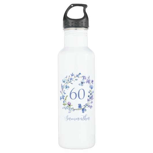 Bouteille D'eau 60e anniversaire Blue Floral Nom (Devant)