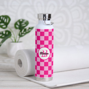 Bouteille D'eau à damiers carré rétro rose chaud clair Monogramme