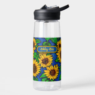 Bouteille D'eau Ajouter le nom Golden Sunflowers & Feuilles sur Da