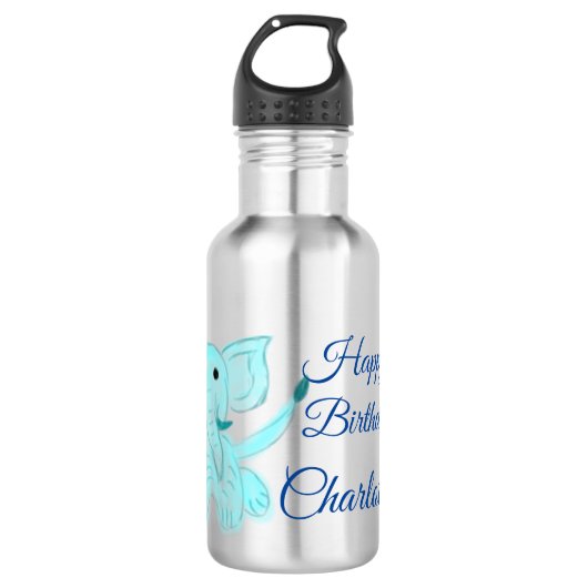 Bouteille D'eau Aquarelle bébé éléphant heureux anniversaire ajout (Devant)