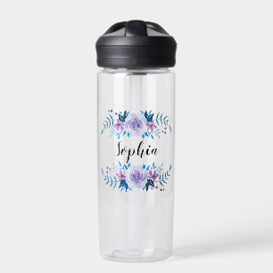 Bouteille D'eau Aquarelle bleu violet couronne florale Texte perso