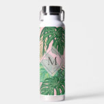 Bouteille D'eau Aquarelle botanique tropicale Monogramme d'art ros<br><div class="desc">Bouteille monogrammée élégante avec aquarelle botanique verte et rose.</div>