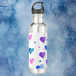 Bouteille D'eau Aquarelle Coeurs Motif en rose violet bleu