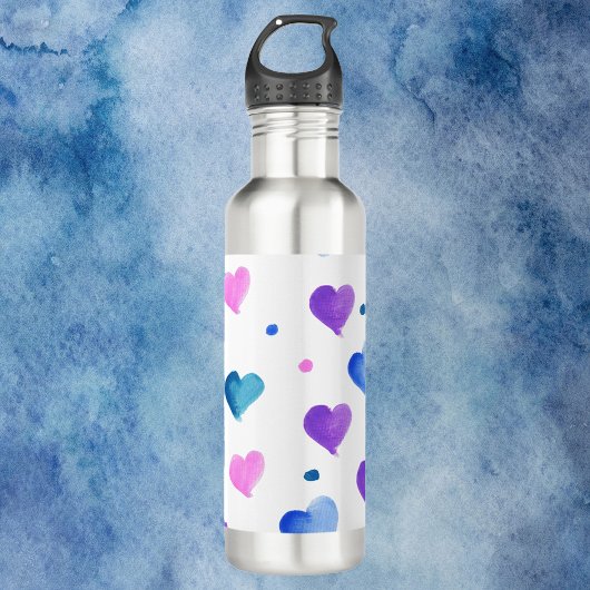 Bouteille D'eau Aquarelle Coeurs Motif en rose violet bleu