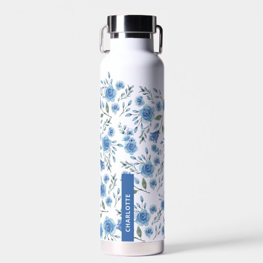 Bouteille D'eau Aquarelle élégante Bleu Motif Floral (Avant)