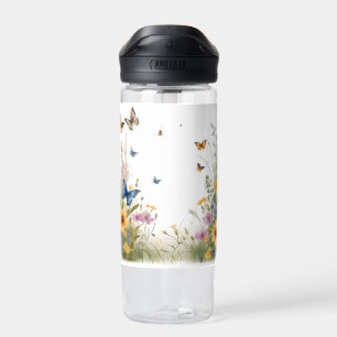 Bouteille D'eau Aquarelle Fleur sauvage Gris Et Papillons,