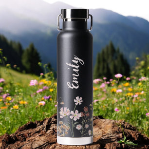 Bouteille D'eau Aquarelle Fleur sauvage Jardin Nom du monogramme