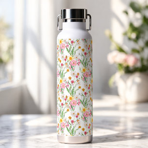 Bouteille D'eau Aquarelle Fleur Sauvage Rose Vert