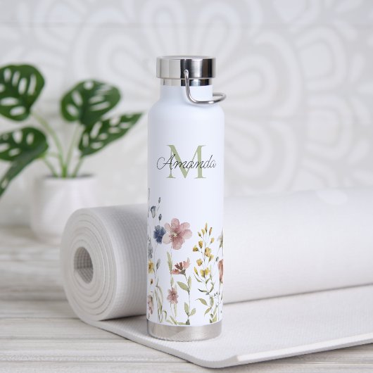 Bouteille D'eau Aquarelle Fleurs sauvages Boho élégant avec Monogr (Yoga)