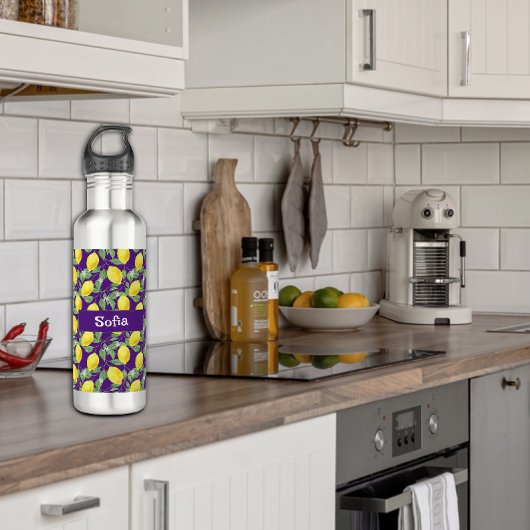 Bouteille D'eau Aquarelle jaune citron nom motif violet