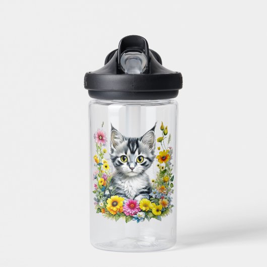 Bouteille D'eau Aquarelle Kitten en Fleurs Jaunes Personnalisé (Avant)