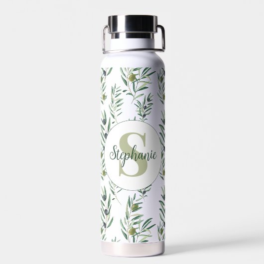 Bouteille D'eau Aquarelle Monogramme Nom Motif Branches d'Olivier (Arrière)