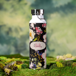 Bouteille D'eau Aquarelle rose Roses jaunes sur noir, Monogramme