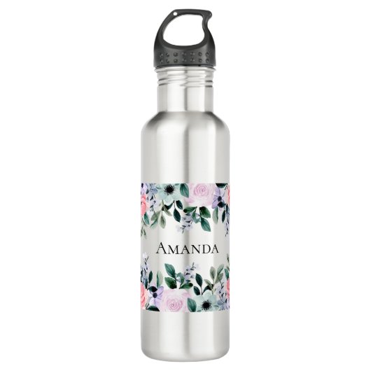 Bouteille D'eau Aquarelle rose violet et verte (Devant)