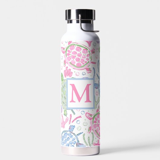 Bouteille D'eau Aquarelle Tortues marines Monogramme océanique (Gauche)