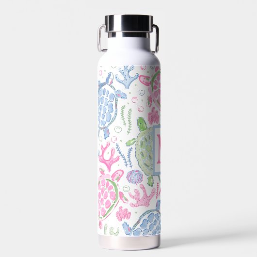 Bouteille D'eau Aquarelle Tortues marines Monogramme océanique (Avant)