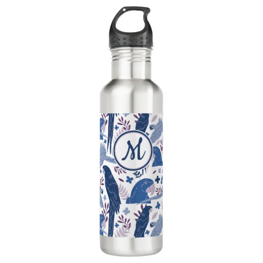 Bouteille D'eau Ara Parrot bleu Tropical Leave Motif Monogramme (Devant)