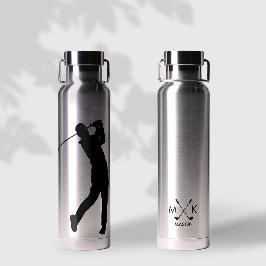 Bouteille D'eau Argent Élégant Avec Noir Monogramme De Golfeur Mod