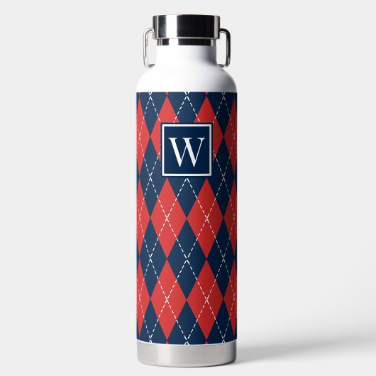 Bouteille D'eau Argyle Brodé Main - Monogramme Rouge Blanc & Marin (Avant)