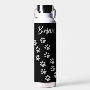 Bouteille D'eau Arrière - plan noir Silver Dog Paws Motif d'impres