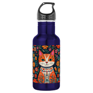 Bouteille D'eau Art populaire Whimsical Chat et Fleurs