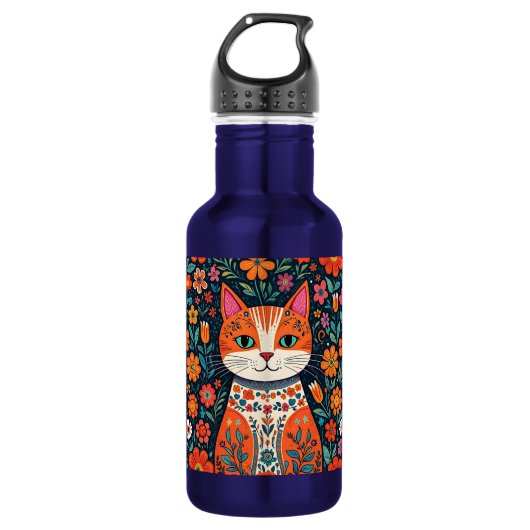 Bouteille D'eau Art populaire Whimsical Chat et Fleurs (Devant)