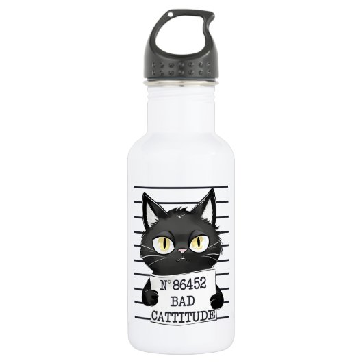 Bouteille D'eau Bad Cattitude - Mugshot de chat noir (Devant)