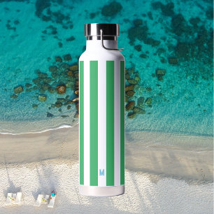 Bouteille D'eau Bande de cabane verte et monogramme bleu personnal