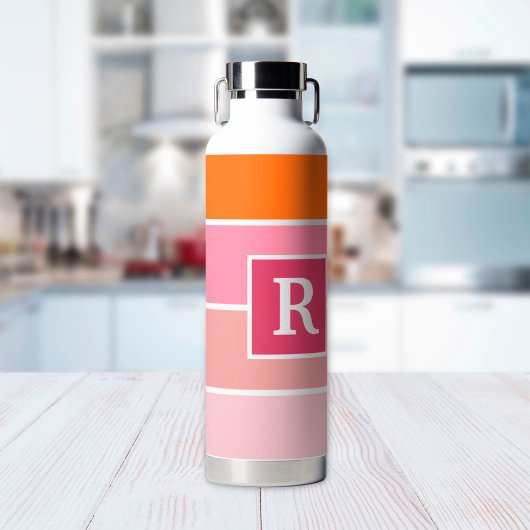 Bouteille D'eau Bandes en rose, blanc et orange avec Monogramme