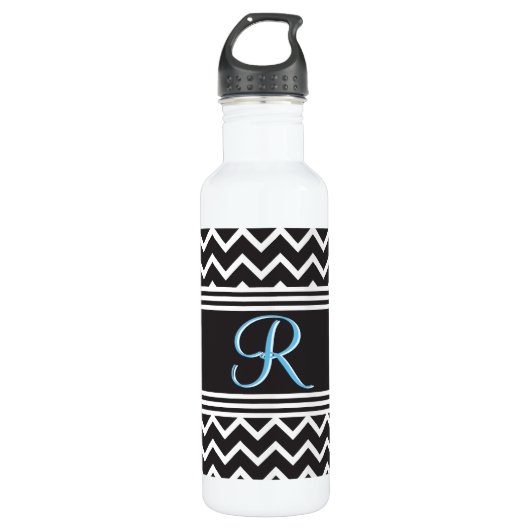 Bouteille D'eau Black | Blanc Chevron gothique Zigzag Monogramme (Devant)