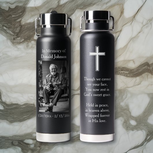 Bouteille D'eau Black Cross and Poem Photo Memorial