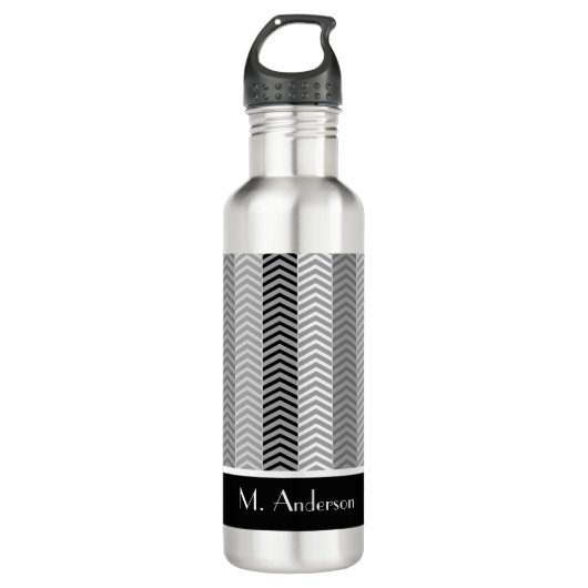 Bouteille D'eau Blancs de Chevron Noir Contemporain Stripes et Nom (Devant)