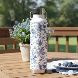 Bouteille D'eau Bleu Floral Toile Élégant Vintage