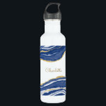 Bouteille D'eau Bleu Marbre Agate Parties scintillant or Personnal<br><div class="desc">Aquarelle bleu Indigo agate marbre design avec faux détail parties scintillant or. Modifiez le nom pour customiser.</div>