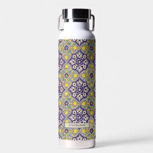Bouteille D'eau Bleu personnalisé Motif méditerranéen Fleurs jaune