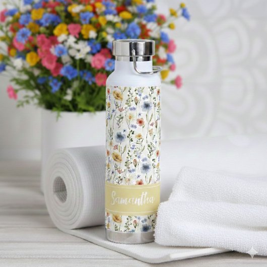 Bouteille D'eau Blue Yellow Pink Floral Name Monogram Wildflower
