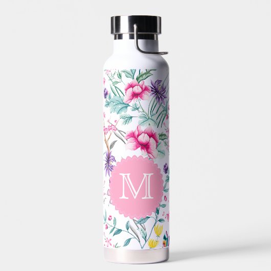 Bouteille D'eau Boho Chic Fleurs & Papillons Monogramme (Gauche)
