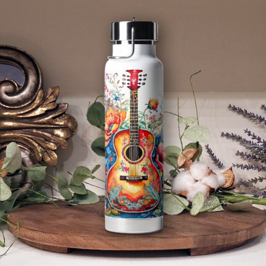 Bouteille D'eau Boho Country Western Floral Guitare Ajouter un nom