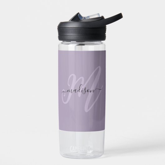 Bouteille D'eau Boho Stylish Script Monogramme et nom en violet (Gauche)