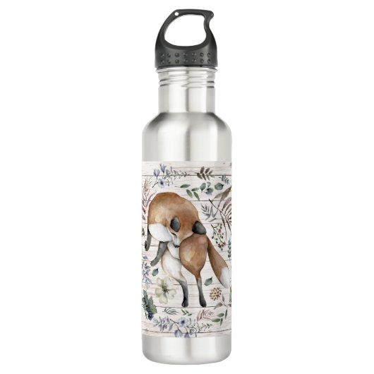 Bouteille D'eau Bois vieilli Nom du monogramme Floral Fox (Devant)