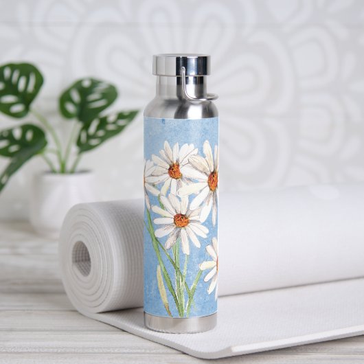 Bouteille D'eau Bouquet Aquarelle Daisy Sur Bleu (Yoga)