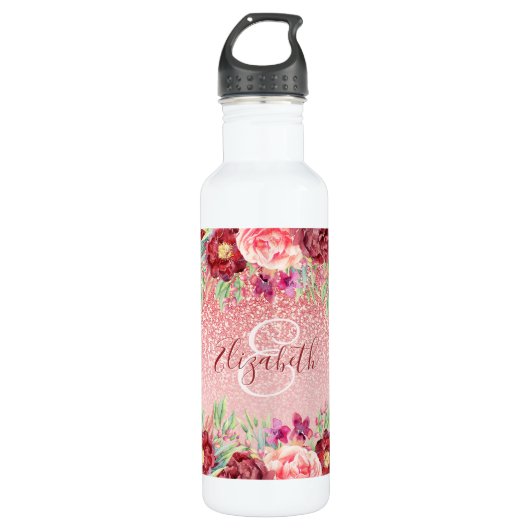 Bouteille D'eau Bourgogne Floral Rose Gold Parties scintillant per (Devant)