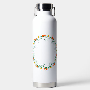 Bouteille D'eau Cadre rond floral avec fleurs de rose jaune et rou
